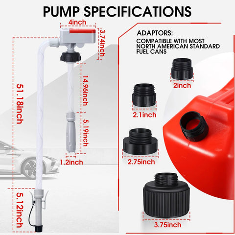 Gas Transfer Pump With Auto Stop Sensor And 30 Second Beep, 3.2 GPM, 51 Inch Hose, includes adapters for oil, diesel, gas cans
