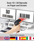 Wireless Barcode Scanner 1D 2D QR With Stand 3 In 1 Bluetooth 2.4G USB Wired Handheld Barcode Reader With Real Time Battery Level Indicator And Vibration Alert Orange scanning barcodes on screens and paper.
