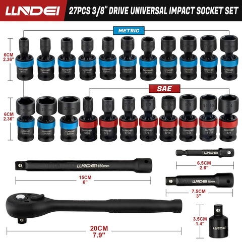 Swivel Impact Socket Set 27-Piece Three Eighths Inch Drive Heavy Duty CR-MO with 6-Point Wobble Sockets Metric and SAE