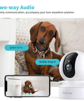 2K HD Pet Camera With 360 Degree Pan Tilt 8X Optical Zoom Night Vision next to a phone showing app interface, dog in background