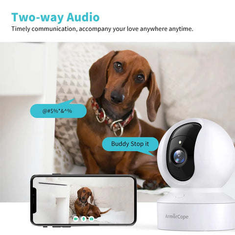 2K HD Pet Camera With 360 Degree Pan Tilt 8X Optical Zoom Night Vision next to a phone showing app interface, dog in background
