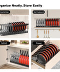 Expandable Pot And Pan Organizer Rack For Cabinet With 14 Adjustable Dividers To Hold Lids And Pans in use on countertop, wall, cabinet, and drawer.