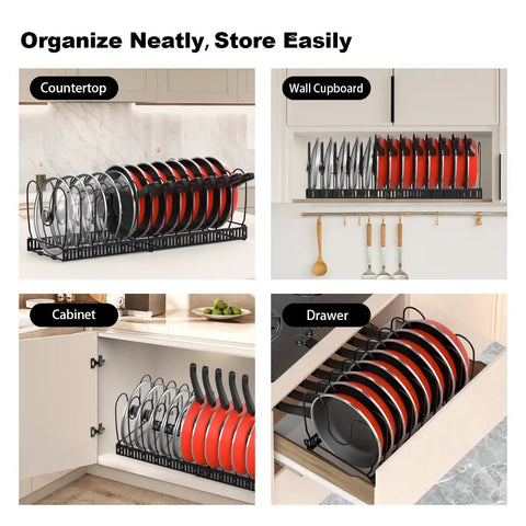 Expandable Pot And Pan Organizer Rack For Cabinet With 14 Adjustable Dividers To Hold Lids And Pans in use on countertop, wall, cabinet, and drawer.