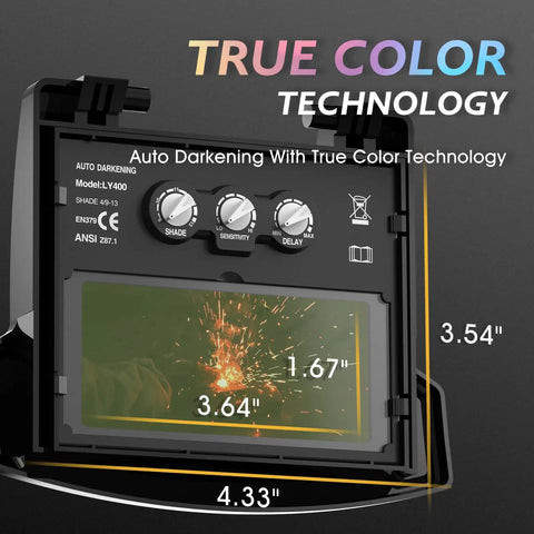 Big Viewing Welding Helmet With True Color Auto Darkening Four Sensor System And Wide Shade Range From Four To Five And Nine To Thirteen For MIG TIG ARC Welding Plasma Cutting And Grinding With All Day Comfort Headgear