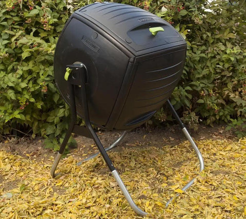 50 Gallon Compost Tumbler In Black No Fuss Easy Spin Barrel for Lawn Clippings and Kitchen Scraps, outdoor garden setup