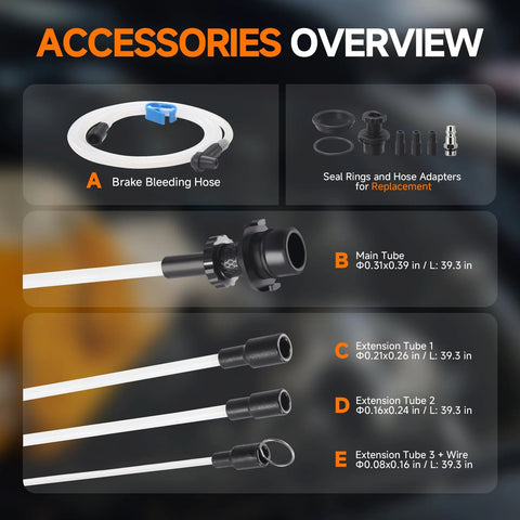 FOUR UNCLES 6.5L oil extractor kit: brake bleeding hose, main tube, three extension tubes, seals/adapters