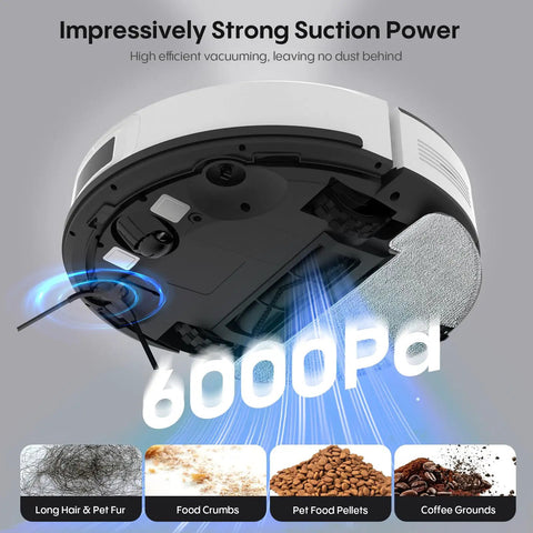 Robot Vacuum And Mop Combo With Self Emptying Station 6000Pa Suction LiDAR Mapping 90 Days Hands Free Cleaning Wi Fi App Alexa Voice Control For Carpets And Hard Floors underside view showing strong suction and cleaning capabilities on debris like hair, crumbs, and pellets.