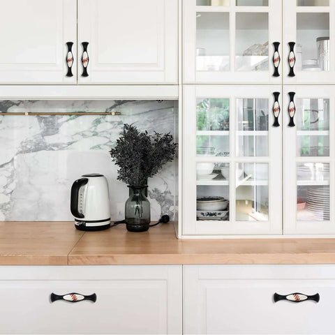 4 Piece Kitchen Cabinet Knobs And Pulls Baseball Line Texture installed on white cabinets with glass panels.