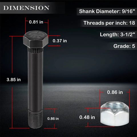Heavy Duty Trailer Leaf Spring Shackle Bolts With Lock Nuts For Snug Fit, showing dimensions 3.5 inch length, 9/16 inch diameter.