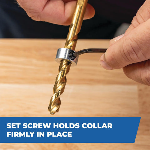 Five Piece Drill Bit Stop Collar Set With Set Screws For Consistent Drilling Depth In Wood And Metal Sizes One Quarter Inch, Five Sixteenths Inch, Three Eighths Inch, Seven Sixteenths Inch, And One Half Inch