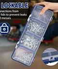 Person holding a blue plastic organizer, part of Six Pack Screw Organizer Boxes With Lids, Four Compartments Each, shown with screws inside.