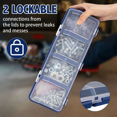 Person holding a blue plastic organizer, part of Six Pack Screw Organizer Boxes With Lids, Four Compartments Each, shown with screws inside.