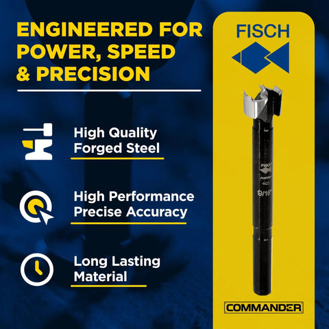 Badass Heavy Duty Forstner Drill Bit Rock Solid High Speed Steel Woodworking Tool Precision Center Point Cutting Edge Smooth As Butter displayed on a blue background.