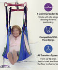 ProHeal Portable Electric Patient Lift With 4 Point Spreader Bar For Home Care Or Facility Use Fits Under Beds And Into Trunks Supports 350 Pounds Weight Capacity For Easy Mobility Transfers Safety First, featuring a user in a sling.