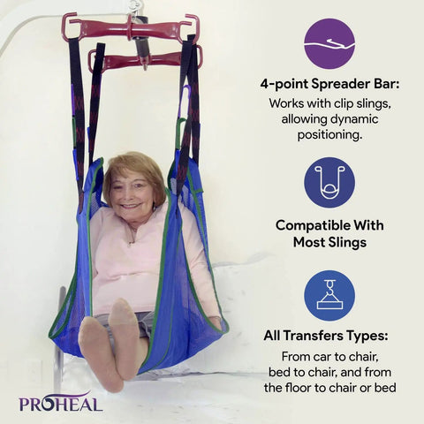 ProHeal Portable Electric Patient Lift With 4 Point Spreader Bar For Home Care Or Facility Use Fits Under Beds And Into Trunks Supports 350 Pounds Weight Capacity For Easy Mobility Transfers Safety First, featuring a user in a sling.
