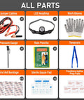 Roadside Emergency Car Tool Kit With Headlamp Jumper Cables Safety Gloves And Gear Bag For Men And Women Essential Vehicle Safety Accessories To Handle Breakdowns And Keep You Ready On The Go, showcasing all parts including jumper cables and gloves
