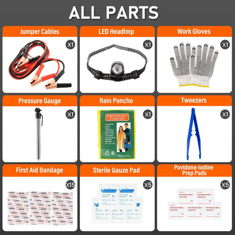 Roadside Emergency Car Tool Kit With Headlamp Jumper Cables Safety Gloves And Gear Bag For Men And Women Essential Vehicle Safety Accessories To Handle Breakdowns And Keep You Ready On The Go, showcasing all parts including jumper cables and gloves