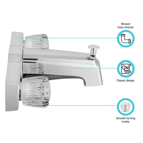 Budget Friendly Classic Tub And Shower Faucet With Diverter Chrome Polished Finish Easy Turn Crystal Acrylic Knobs side view