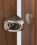 Premium Four Piece Magnetic Cabinet Door Catch Kit With Durable Iron Spur Mount And Classic Nickel Finish close-up of catch and magnet