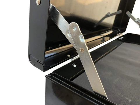 Close-up of the open lid mechanism on the Beefy Portable 9 Drawer Tool Chest In Steel Black With Ball Bearing Drawer Slides Central Lock