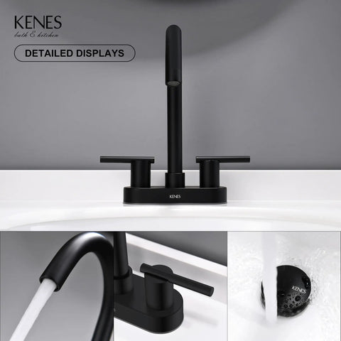 4 Inch Centerset Matte Black Two Handle Bathroom Faucet with Pop Up Drain in modern black finish, showing two water supply lines.