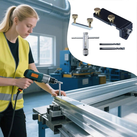 Premium Aluminum Extrusion Tap Guide Adjustable Universal Drill Jig For Metalworking, with drill and components on workbench.