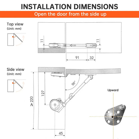 Diagram of Soft Close Toy Box Hinges With Lid Stay And Gentle Hydraulic Dampening Upward Top Opening Flap Doors 105 Degree Open