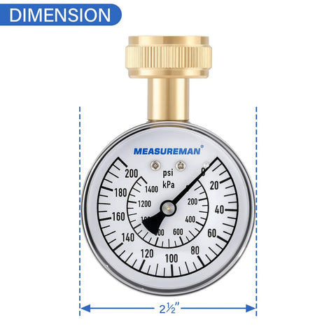 MeasureMan water pressure gauge, front view, 2-1/2 inch dial, 0–200 psi, brass 3/4 inch hose thread
