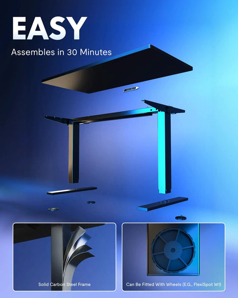 Exploded view of One-Piece Electric Standing Desk with Four Memory Presets in black, showing assembly components.