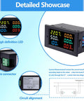 Detailed showcase of AC Power Meter Panel Gauge With 40 To 300V Range And 100A Input, Digital Multimeter with color LCD display.
