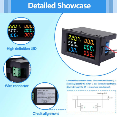 Detailed showcase of AC Power Meter Panel Gauge With 40 To 300V Range And 100A Input, Digital Multimeter with color LCD display.