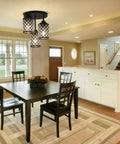 Black Crystal Chandelier Three Light Semi Flush Mount Ceiling Fixture With Metal Grid Shade in modern dining room.