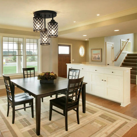 Black Crystal Chandelier Three Light Semi Flush Mount Ceiling Fixture With Metal Grid Shade in modern dining room.