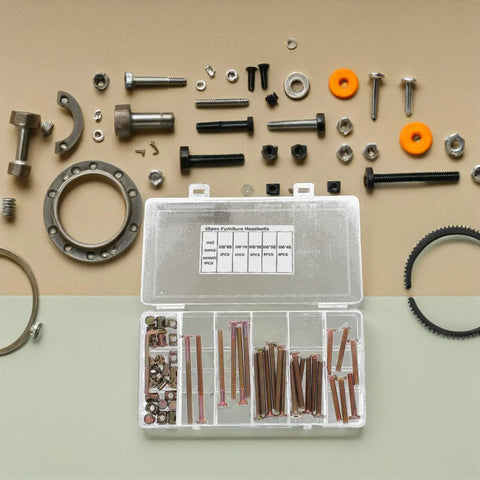 Open case displaying 49Pc M6 Hex Socket Head Screws And Barrel Nuts Set For Furniture Connectors on beige surface