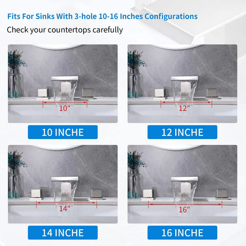 Collage of bathroom sinks with 3-Hole 8 Inch Widespread Brushed Nickel Bathroom Faucet With Waterfall Spout in various centerspreads