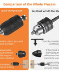 Comparison of quick-change chuck and key chuck, illustrating benefits for 12.5 Amp Rotary Hammer Drill With SDS Plus One And A Quarter Inch.