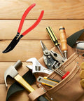 Pro-Grade 7-Inch Sheet Metal Hand Seamer Pliers with ergonomic handle on a wooden surface next to various tools.