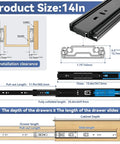 14 Inch Full Extension Drawer Slides With Push To Open And Soft Close Design Heavy Duty Undermount Cabinet Hardware For Kitchen Vanities product size diagram with installation details