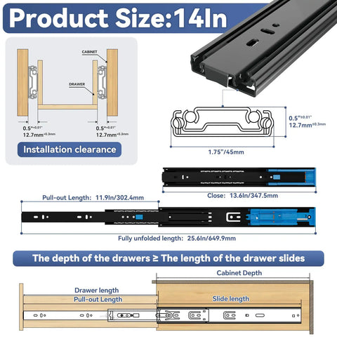 14 Inch Full Extension Drawer Slides With Push To Open And Soft Close Design Heavy Duty Undermount Cabinet Hardware For Kitchen Vanities product size diagram with installation details