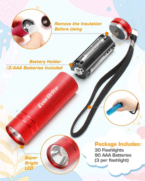 30 Pack Mini Flashlight Set With Aluminum LED Handheld Torches And Lanyards Assorted Colors 90 AAA Batteries Included