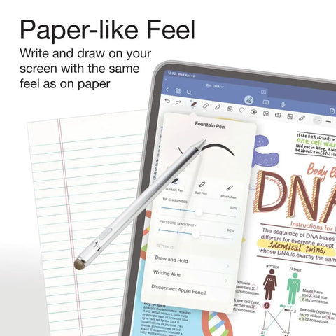 Digital tablet screen displaying note-taking app with a stylus, featuring text 'Paper-like Feel' for realistic writing experience.