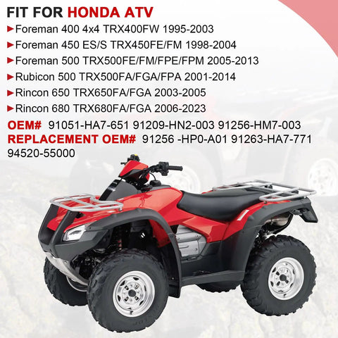 Honda Front Wheel Bearings And Seals Kit for ATV models Foreman, Rincon, Rubicon with part numbers and red ATV background