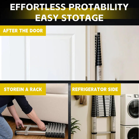 Fourteen And A Half Foot Telescoping Ladder For Home Use Lightweight Aluminum Retractable Collapsible Step Ladder With Non Slip End Caps And 330 Pound Capacity For Do It Yourself Projects And Home Quick Fixes stored behind door