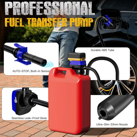 Cordless Electric Fuel Transfer Pump Battery Powered Gas Can Dispenser Featuring Auto Stop Overflow Guard And Dry Run Alert with red gas can