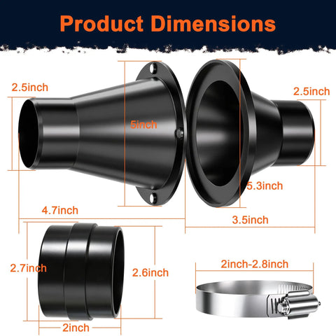 Product dimensions of 2.5 Inch Magnetic Dust Collection Fittings Kit showing connectors and couplers sizes and details.