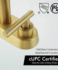 Close-up of Brushed Gold Bathroom Faucet for Modern Vanities, 4-Inch Centerset Design, brushed gold finish, sleek brass handle.