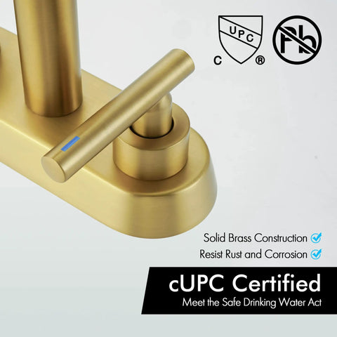 Close-up of Brushed Gold Bathroom Faucet for Modern Vanities, 4-Inch Centerset Design, brushed gold finish, sleek brass handle.