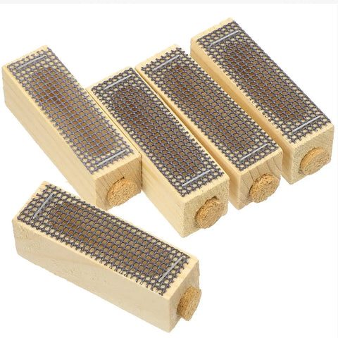 Five Pack Wooden Queen Cages For Beekeeping with metal mesh and cork seals shown.