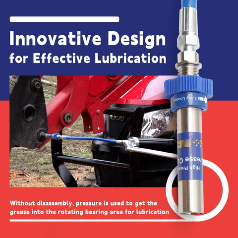 Blue high-pressure grease gun coupler with lock-clamp and metal adapter for lubrication