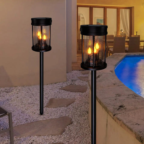 Outdoor Solar Stake Lights With Flickering Candle Lanterns for Yard and Patio by pool, warm glow, weatherproof design